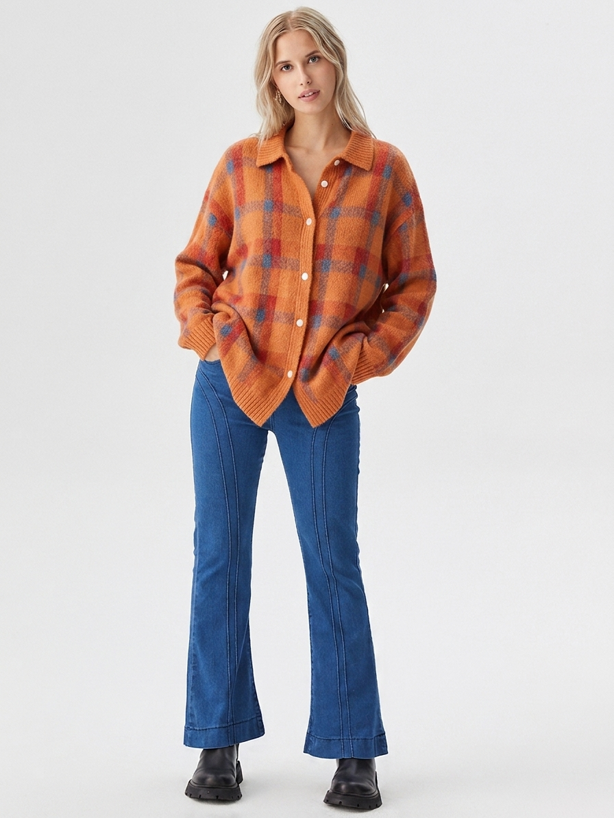 Damesvest met ruitpatroon en knoopsluiting – Oversized model voor herfst/winter