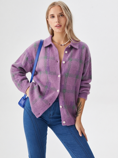 Damesvest met ruitpatroon en knoopsluiting – Oversized model voor herfst/winter