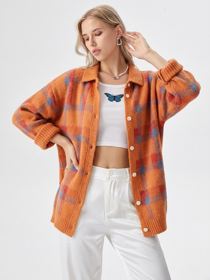 Damesvest met ruitpatroon en knoopsluiting – Oversized model voor herfst/winter
