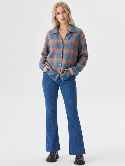 Damesvest met ruitpatroon en knoopsluiting – Oversized model voor herfst/winter
