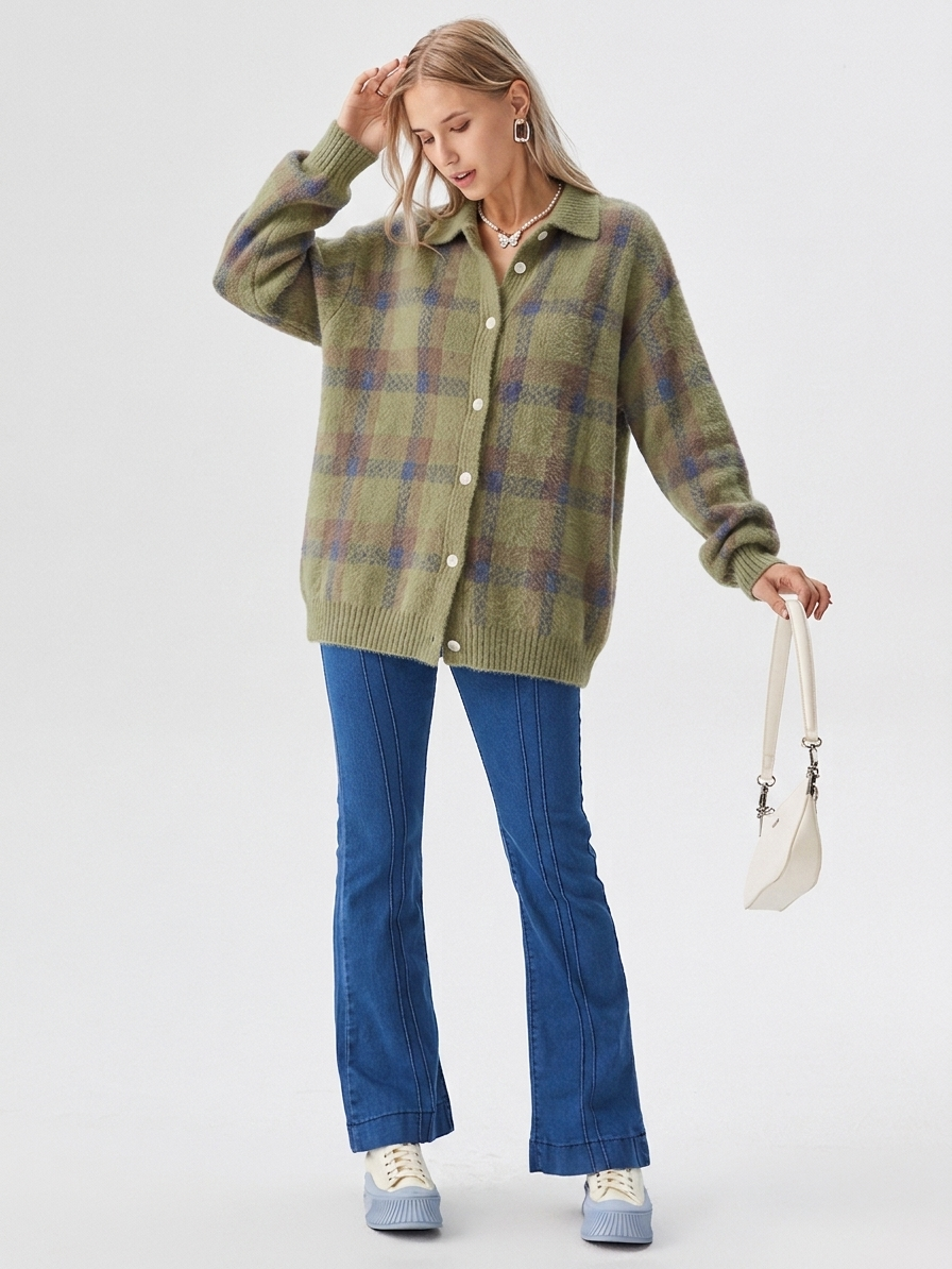 Damesvest met ruitpatroon en knoopsluiting – Oversized model voor herfst/winter