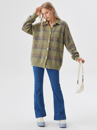 Damesvest met ruitpatroon en knoopsluiting – Oversized model voor herfst/winter