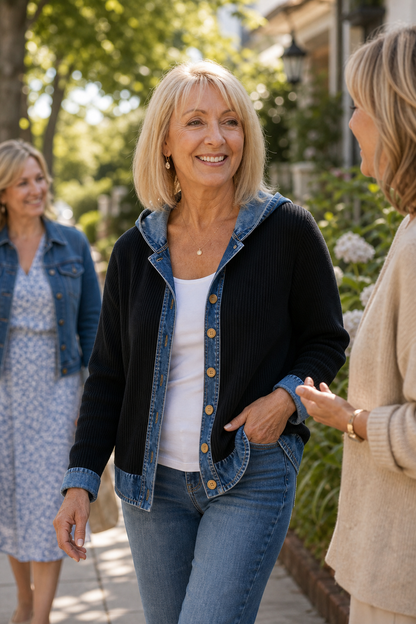 Denimlook patchwork vest met capuchon