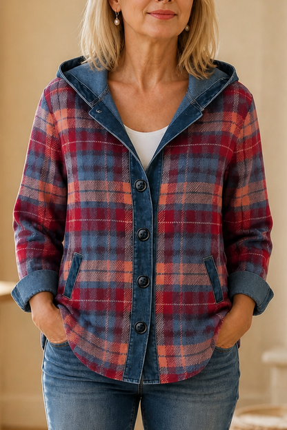 Denimlook patchwork vest met capuchon