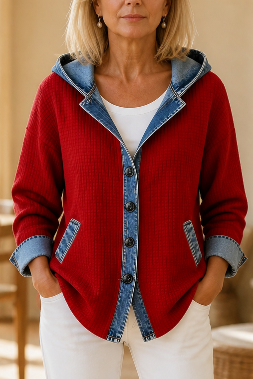 Denimlook patchwork vest met capuchon