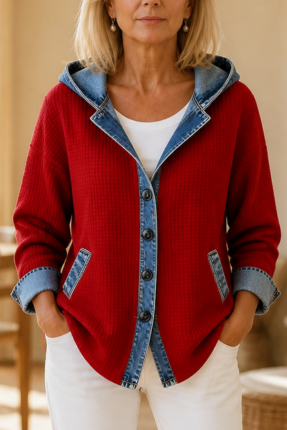 Denimlook patchwork vest met capuchon