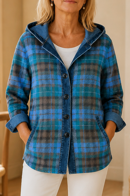 Denimlook patchwork vest met capuchon