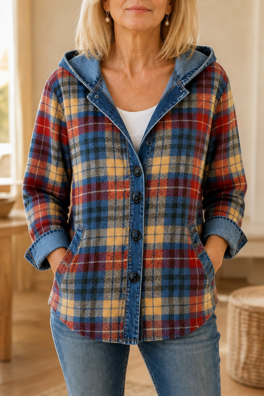 Denimlook patchwork vest met capuchon