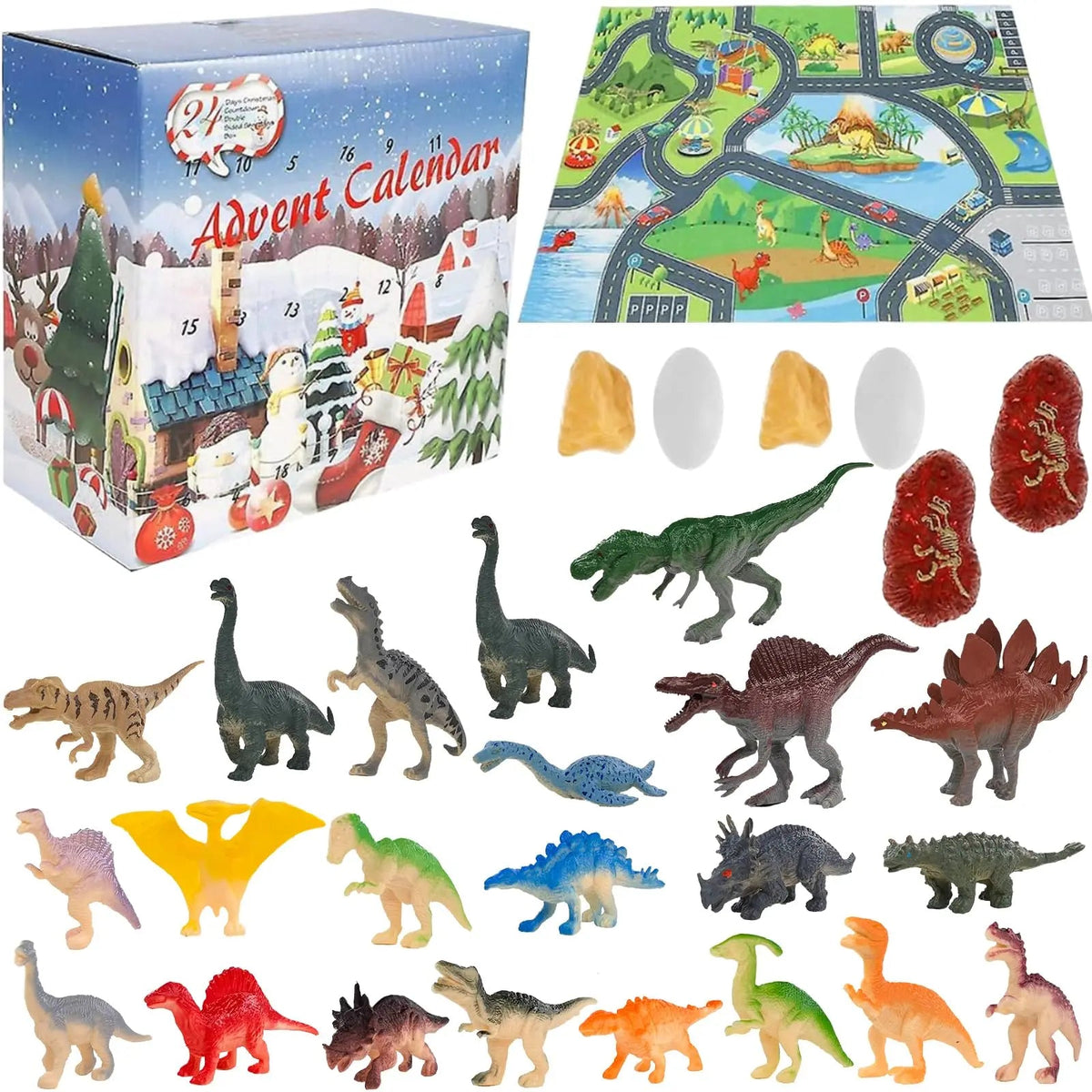 Dinosaurus adventskalender met 28 figuren en speelmat – educatief speelgoed voor kinderen van 4 tot 8 jaar