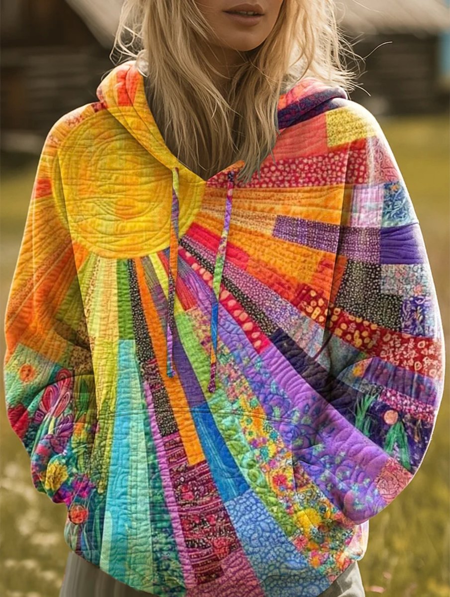 Doorgestikte bohemian patchwork hoodie voor dames