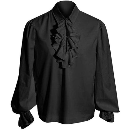 Elegant barok herenoverhemd met opstaande kraag, ruches op de borst en kanten manchetten