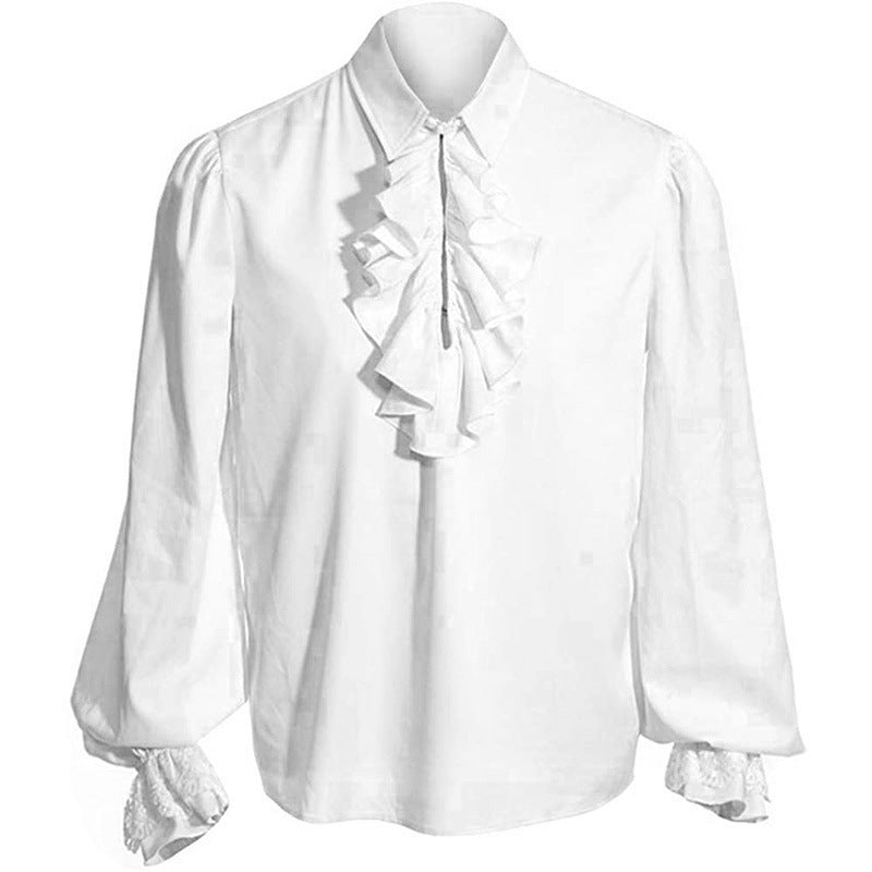 Elegant barok herenoverhemd met opstaande kraag, ruches op de borst en kanten manchetten