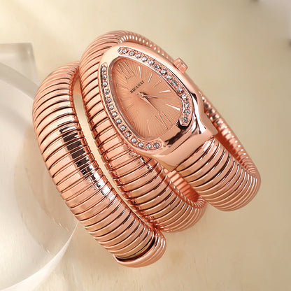 Elegant kwartshorloge in slangenstijl met roestvrijstalen armband – Unieke ovale wijzerplaat in meerdere kleuren