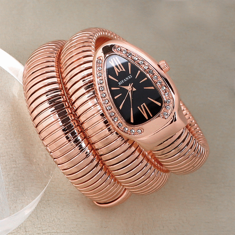Elegant kwartshorloge in slangenstijl met roestvrijstalen armband – Unieke ovale wijzerplaat in meerdere kleuren