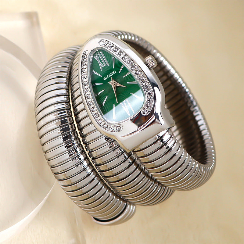 Elegant kwartshorloge in slangenstijl met roestvrijstalen armband – Unieke ovale wijzerplaat in meerdere kleuren
