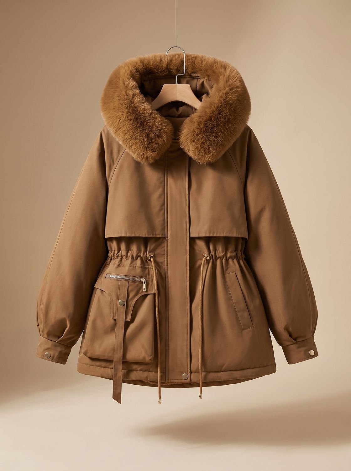Elegante damesparka met capuchon van imitatiebont en trekkoord