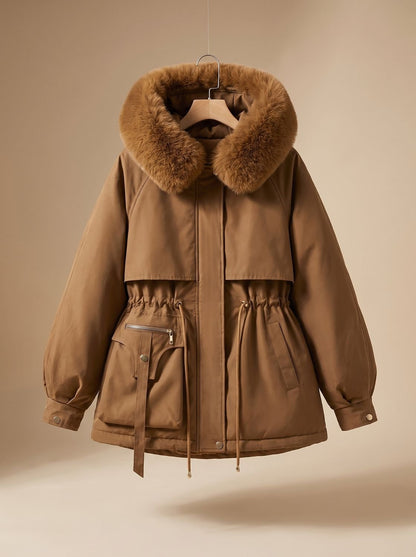 Elegante damesparka met capuchon van imitatiebont en trekkoord
