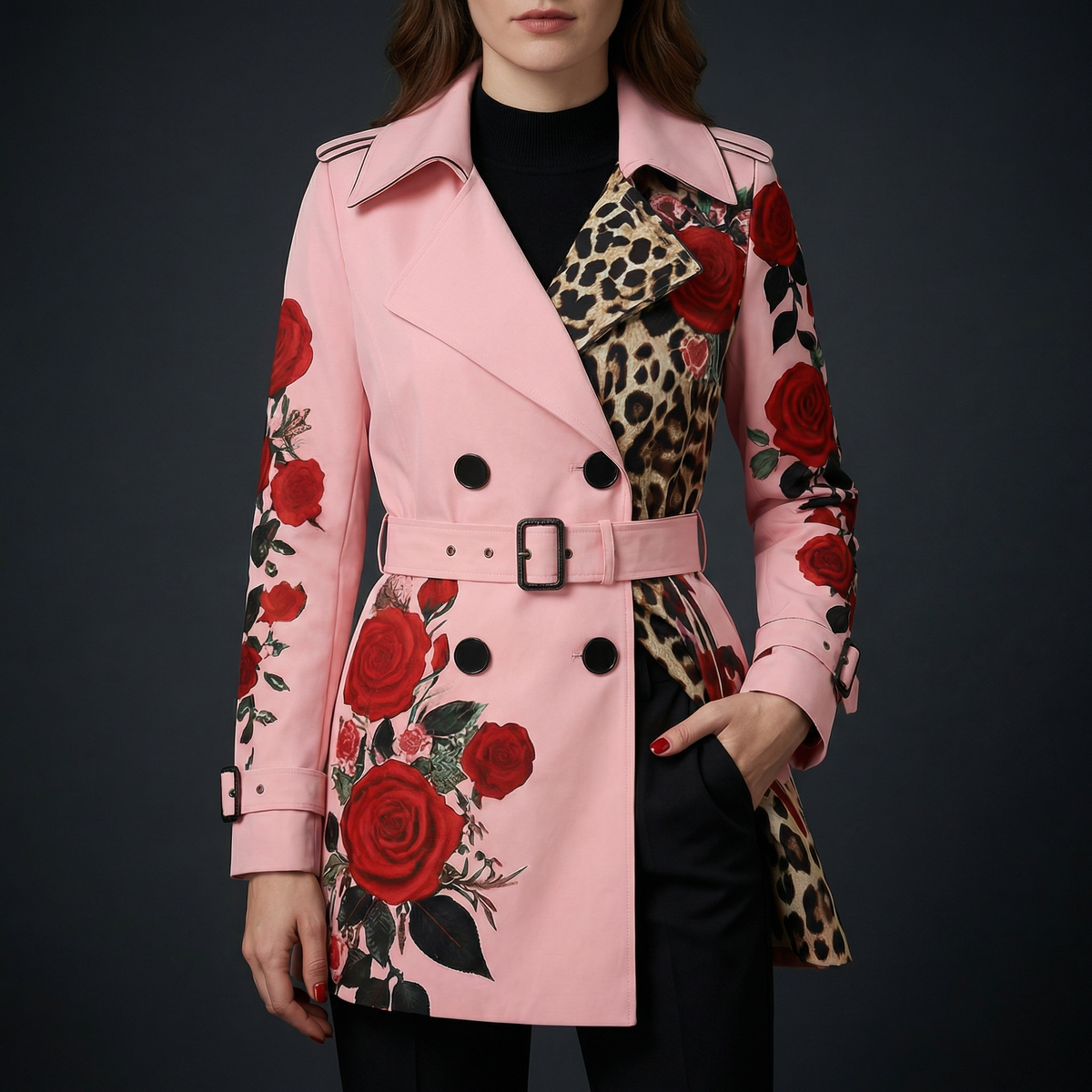 Elegante getailleerde damesjas met rozenprint