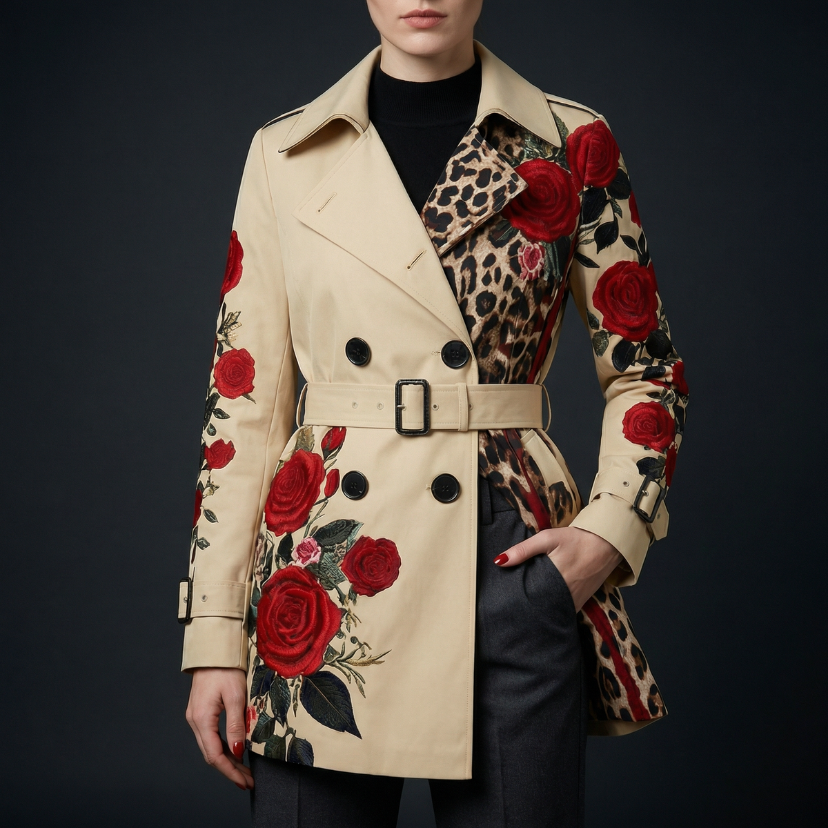 Elegante getailleerde damesjas met rozenprint