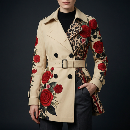 Elegante getailleerde damesjas met rozenprint