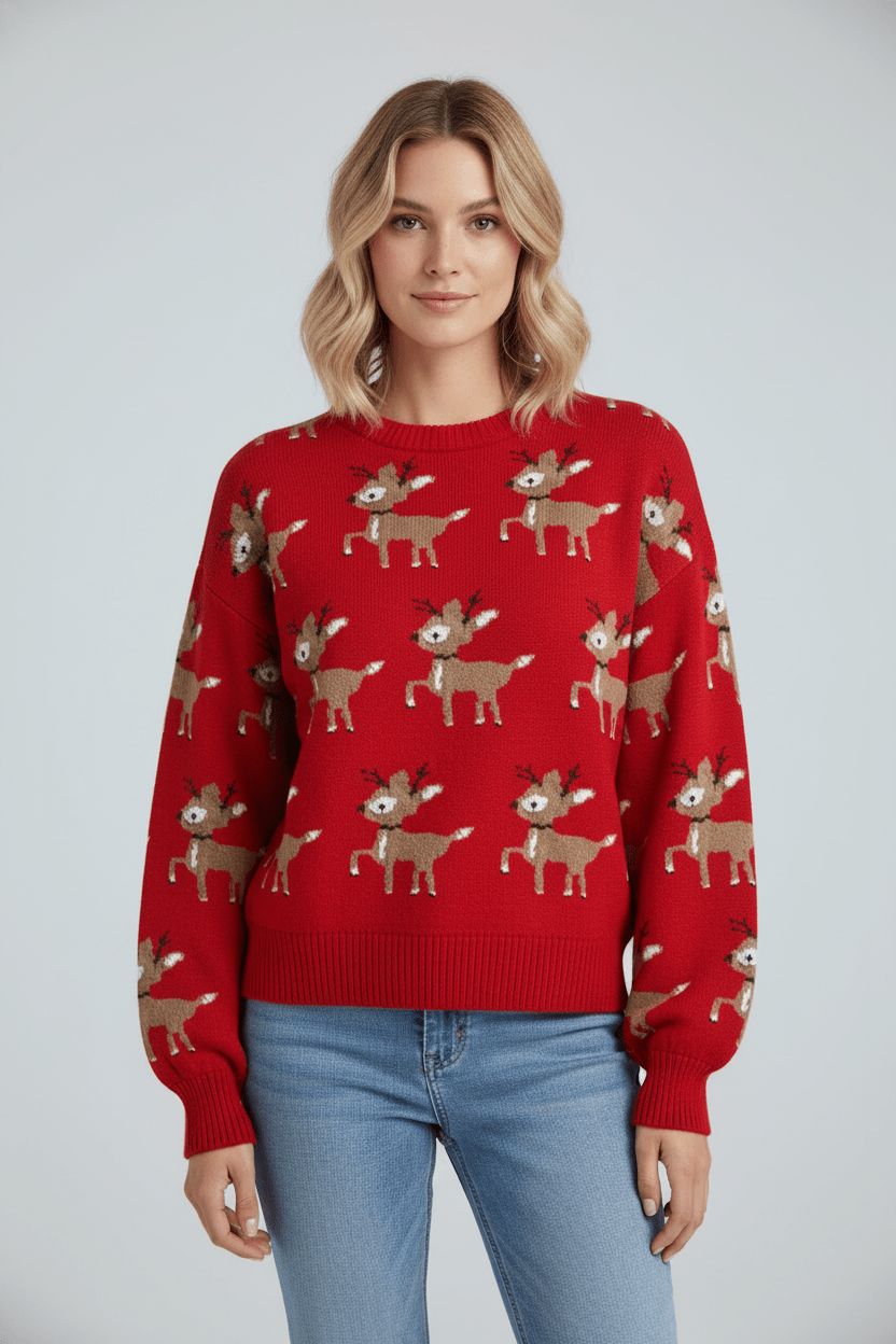 Feestelijke jacquard gebreide damestrui – Oversized wintertrui met rendierpatroon