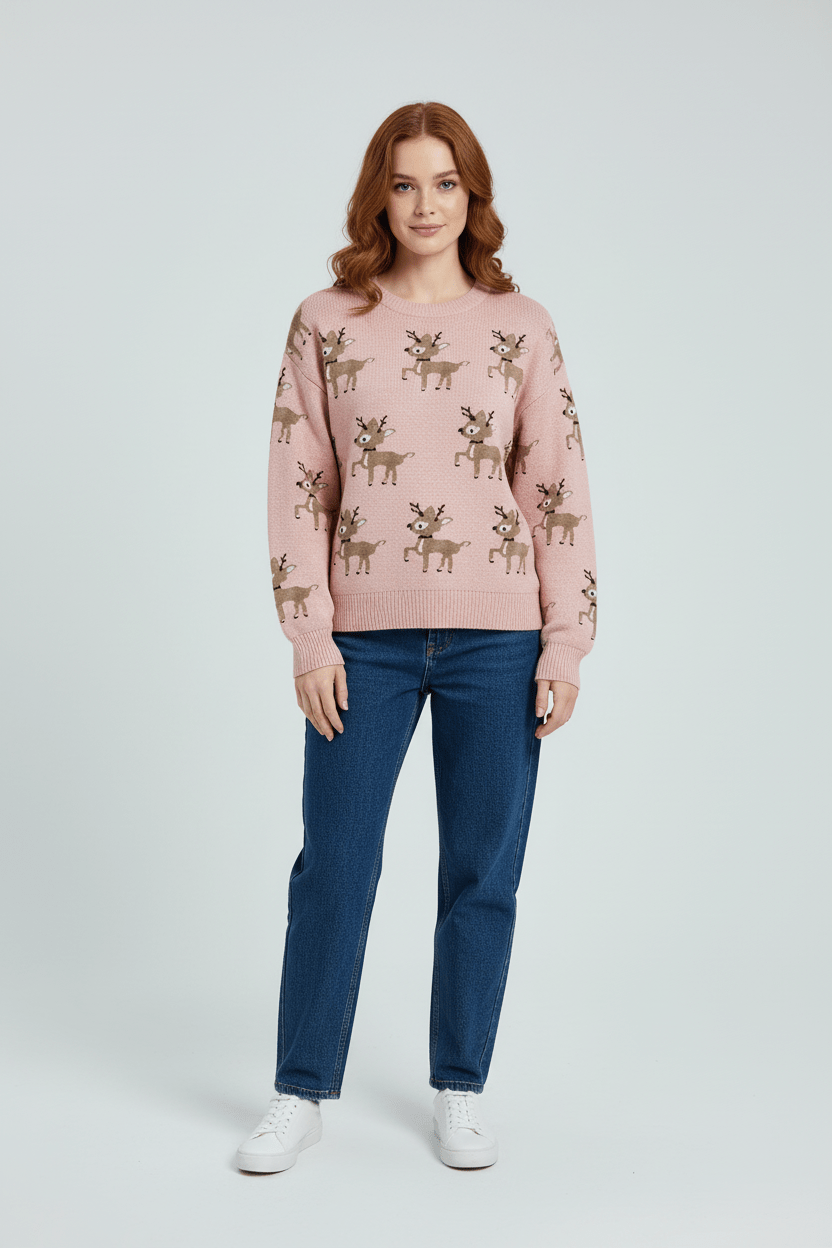 Feestelijke jacquard gebreide damestrui – Oversized wintertrui met rendierpatroon