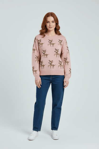 Feestelijke jacquard gebreide damestrui – Oversized wintertrui met rendierpatroon