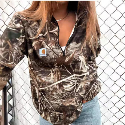 Fleece sweatshirt met camouflageprint, halve ritssluiting, capuchon en kangoeroezak voor dames
