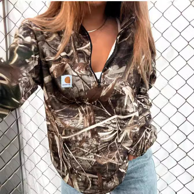 Fleece sweatshirt met camouflageprint, halve ritssluiting, capuchon en kangoeroezak voor dames