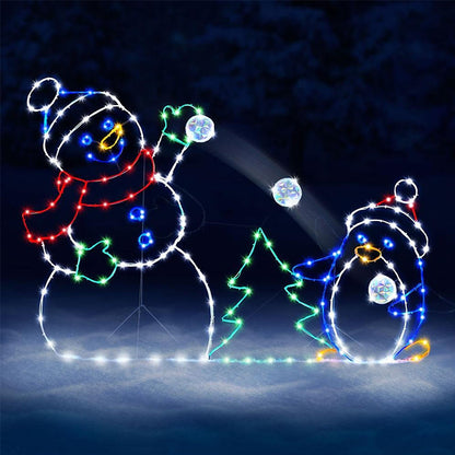 Geanimeerde led-kerstverlichting met sneeuwballengevecht - Sneeuwpop en pinguïn kerstdecoratie voor buiten