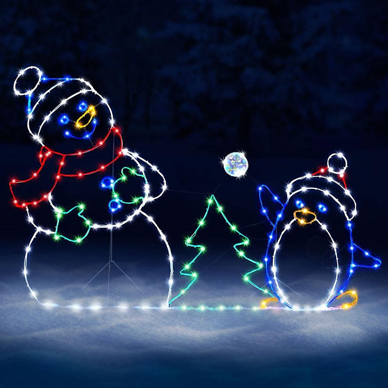 Geanimeerde led-kerstverlichting met sneeuwballengevecht - Sneeuwpop en pinguïn kerstdecoratie voor buiten