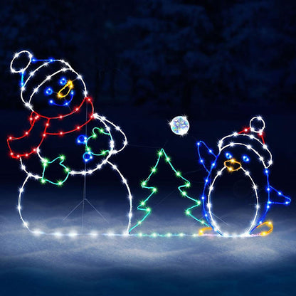 Geanimeerde led-kerstverlichting met sneeuwballengevecht - Sneeuwpop en pinguïn kerstdecoratie voor buiten