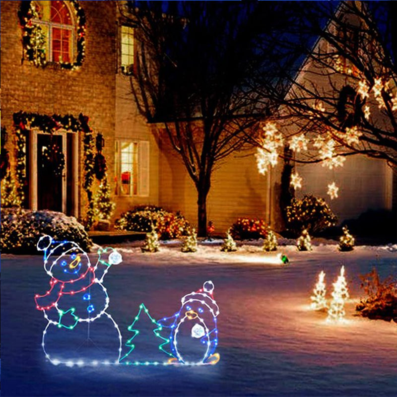 Geanimeerde led-kerstverlichting met sneeuwballengevecht - Sneeuwpop en pinguïn kerstdecoratie voor buiten