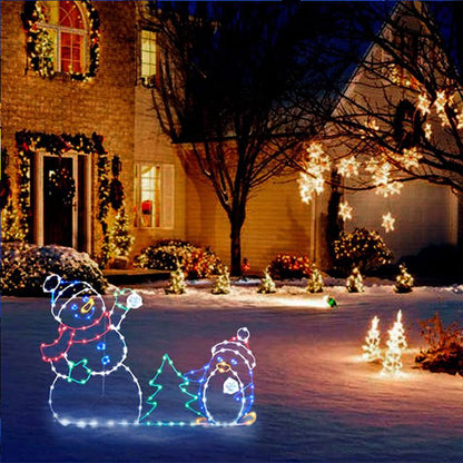 Geanimeerde led-kerstverlichting met sneeuwballengevecht - Sneeuwpop en pinguïn kerstdecoratie voor buiten