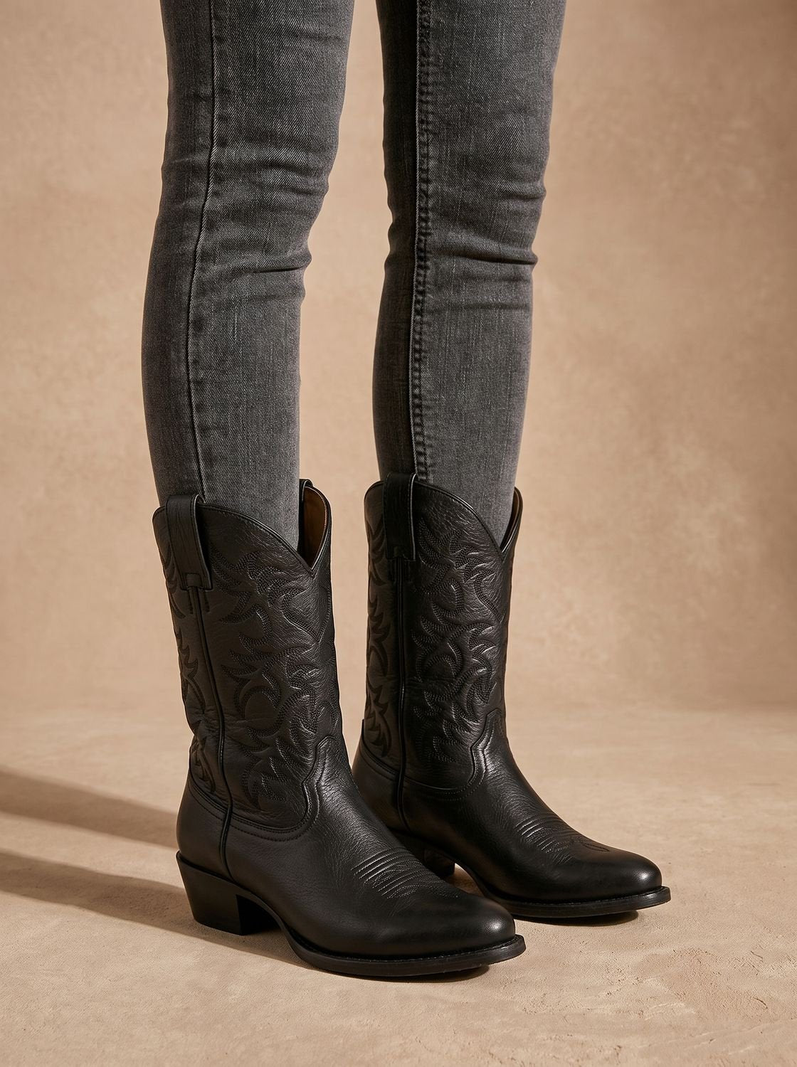 Geborduurde halfhoge western cowboylaarzen met blokhak voor dames, zwart