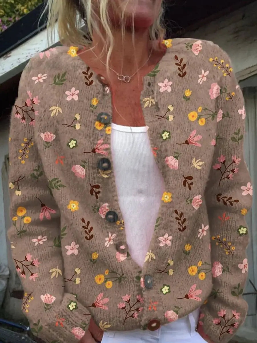 Gebreid damesvest met bloemenprint en knoopsluiting
