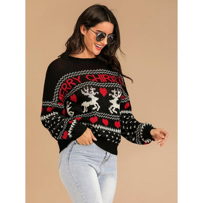 Gebreide dameskersttrui met ronde hals, rendieren en fair isle-patroon