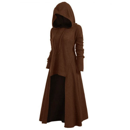 Gebreide jas voor dames met capuchon, uitlopende maxi-rok en asymmetrische zoom