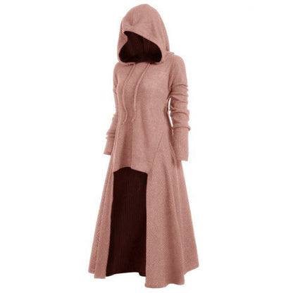 Gebreide jas voor dames met capuchon, uitlopende maxi-rok en asymmetrische zoom
