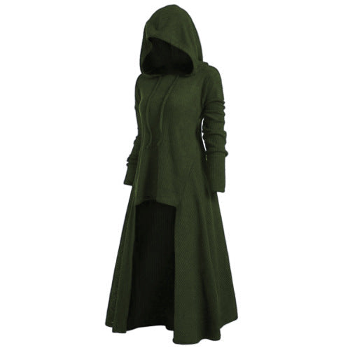 Gebreide jas voor dames met capuchon, uitlopende maxi-rok en asymmetrische zoom