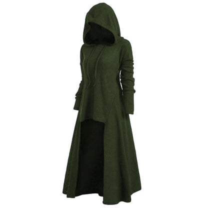 Gebreide jas voor dames met capuchon, uitlopende maxi-rok en asymmetrische zoom