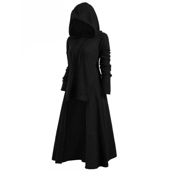 Gebreide jas voor dames met capuchon, uitlopende maxi-rok en asymmetrische zoom
