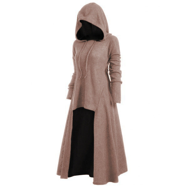 Gebreide jas voor dames met capuchon, uitlopende maxi-rok en asymmetrische zoom