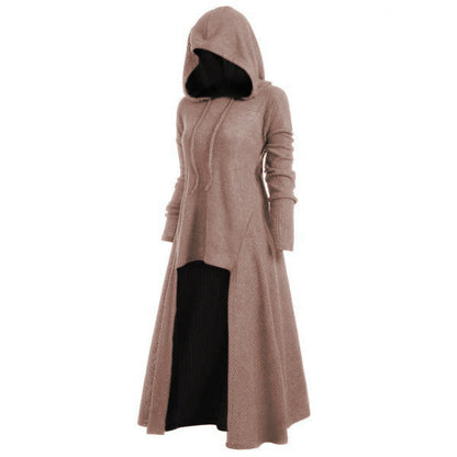 Gebreide jas voor dames met capuchon, uitlopende maxi-rok en asymmetrische zoom