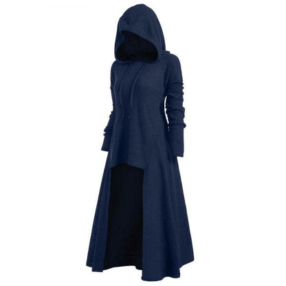 Gebreide jas voor dames met capuchon, uitlopende maxi-rok en asymmetrische zoom