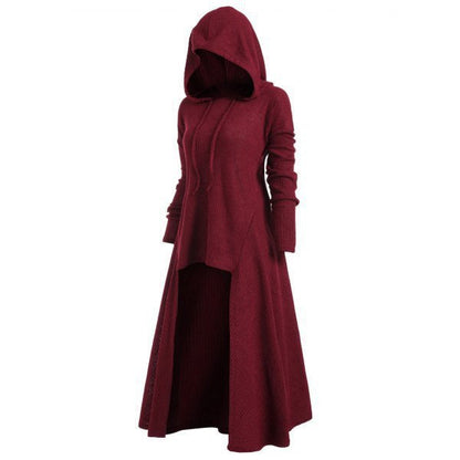 Gebreide jas voor dames met capuchon, uitlopende maxi-rok en asymmetrische zoom