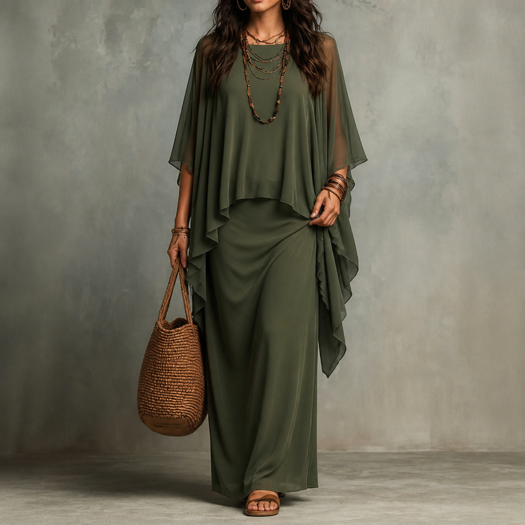 Gedrapeerde maxi-jurk met capemouwen en asymmetrische zoom