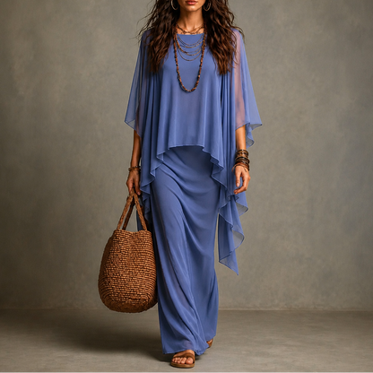 Gedrapeerde maxi-jurk met capemouwen en asymmetrische zoom