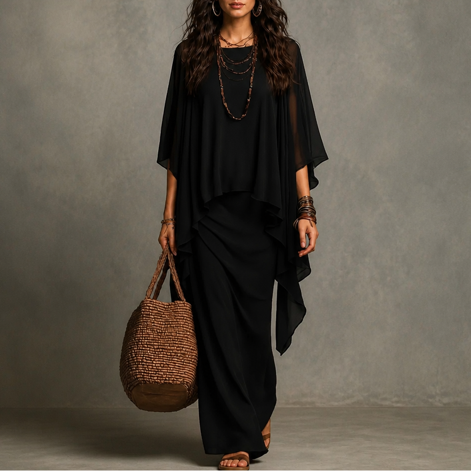 Gedrapeerde maxi-jurk met capemouwen en asymmetrische zoom