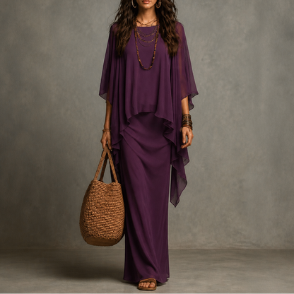 Gedrapeerde maxi-jurk met capemouwen en asymmetrische zoom